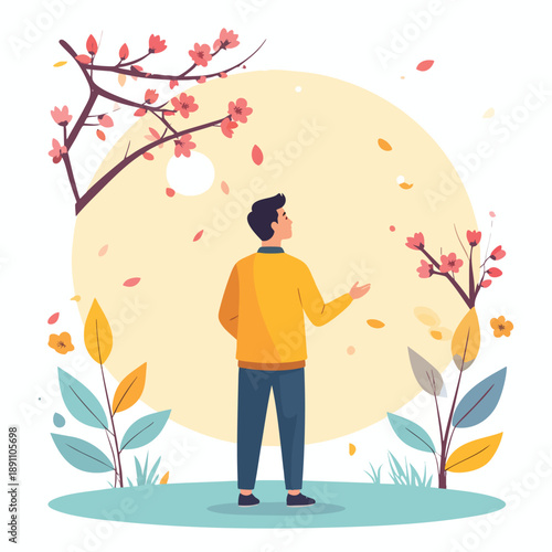 Man standing amidst blossoming trees and falling leaves, gazing at the full moon in a serene landscape illustration