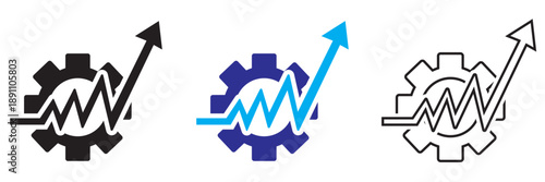 Gear With Arrow Growth Icon. Simple black, colour and outline icon showing a gear with an upward arrow, symbolizing business growth, optimization, performance improvement, and technical progress.

