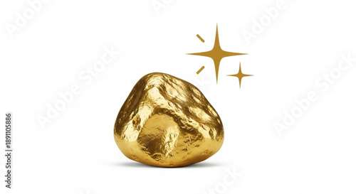 Shiny gold nugget with sparkling starburst on white background symbolizing wealth and success