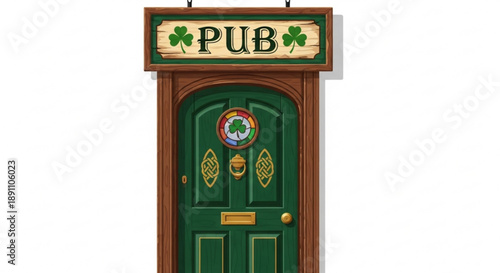 Green pub door with sign and shamrocks irish themed entrance with wooden frame and decorations