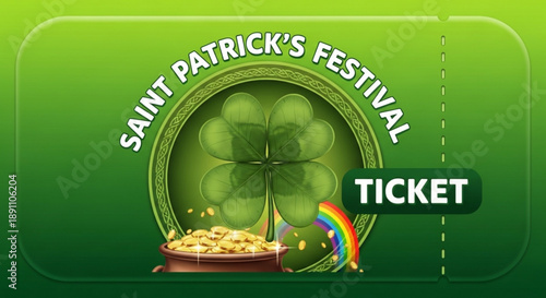 Saint patrick's festival ticket with shamrock pot of gold and rainbow on green background