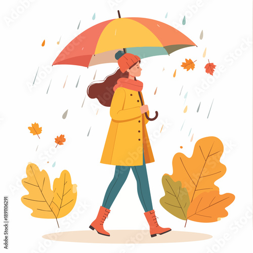 Woman walking in the rain with an umbrella on an autumn day surrounded by falling leaves