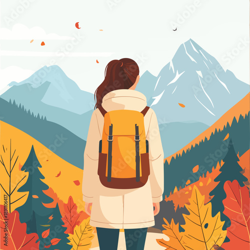 A lone traveler with a backpack stands on a hill overlooking mountains and autumn foliage from behind.