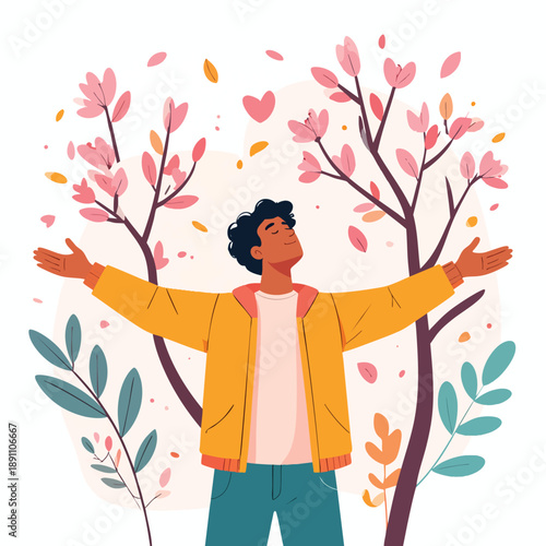 A person embracing nature surrounded by blossoming trees and falling leaves from a joyful perspective