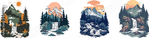 Scenic Wilderness Collection: Explore the majesty of nature through a set of captivating illustrations, showcasing towering mountains, serene waterfalls, and lush forests.