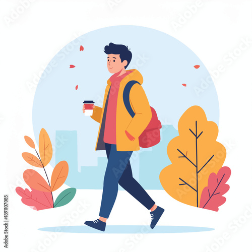 A young man walking in an autumnal urban environment with leaves and cityscape in the background while holding a coffee and wearing a backpack