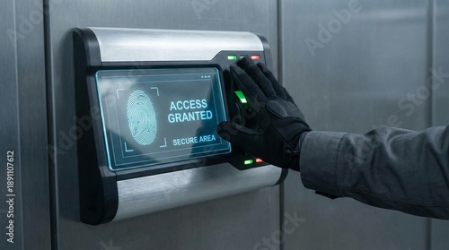 Gloved hand successfully authenticates access to a secure area using biometric scanner