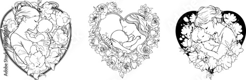 Eternal Love Sketches: A captivating artistic triptych of three heartwarming scenes, each depicting intimate moments of maternal affection cradled within delicate floral heart frames.