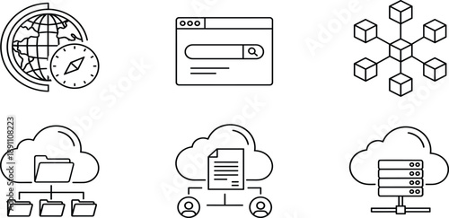Set of technology line icons featuring global network connection, search engine interface, blockchain nodes, cloud storage, and shared server database.