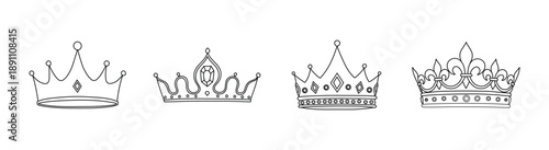 Four distinct black outline royal crowns with decorative jewels and patterns arranged neatly