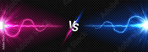 Versus banner with glowing thunderstorm effect. VS screen with bright lightning rays colored blue and pink. Bolt energy collision isolated on dark checkered background. Lightning shock versus concept.