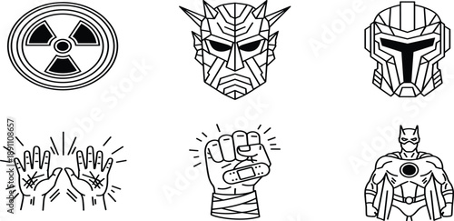Superhero line icon set featuring radioactive symbol, masked hero faces, powerful energy hands, clenching fist, and armored character costume silhouettes.