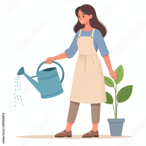 A woman in apron watering a plant with a watering can standing beside a potted plant