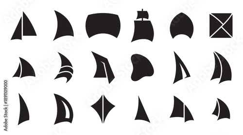 Abstract sail and ship elements in black silhouette, representing nautical themes, travel, and maritime adventures