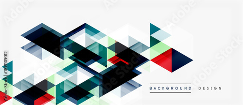 Abstract geometric shapes, triangles, squares, lines create modern design. Colors include red, green, blue, black, white. Minimalist style.