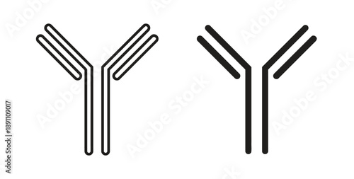Abstract representation of an antibody molecule in both thin line outline and bold thick line styles, symbolizing immunology and scientific research on white background.