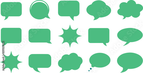 A large assortment of various green speech bubbles and chat boxes on a clean white background