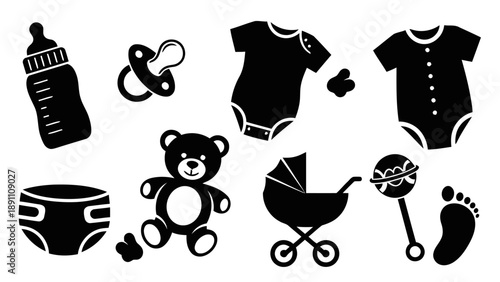 Adorable baby items, including bottles, pacifiers, teddy bears, clothes, strollers, rattles, and footprints, infant care essentials, newborn symbols