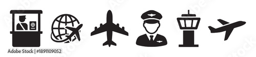 Airport icons passenger at counter world map airplane pilot control tower and jet for travel tourism transportation and aviation business