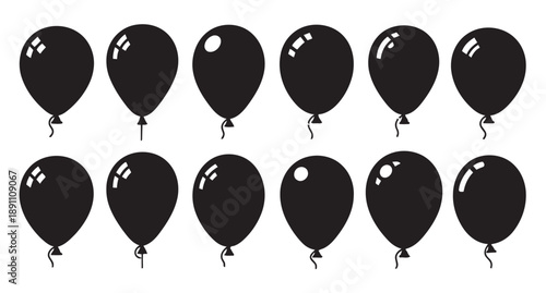 Array of shiny black balloons floating in a festive pattern, graphic illustration of party balloons for celebrations and decorative backgrounds, joy and fun atmosphere