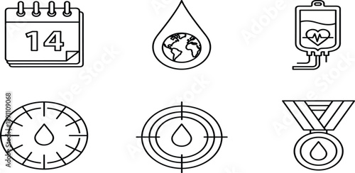 World Blood Donor Day line icon set featuring donation calendar, blood drop globe, intravenous bag, medical medal, and healthcare charity symbols.