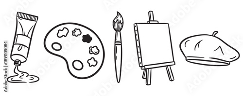 Artistic supplies including paint tube, palette, brush, easel and beret, doodle style drawing for creative art, painting or design concept, hand-drawn illustration