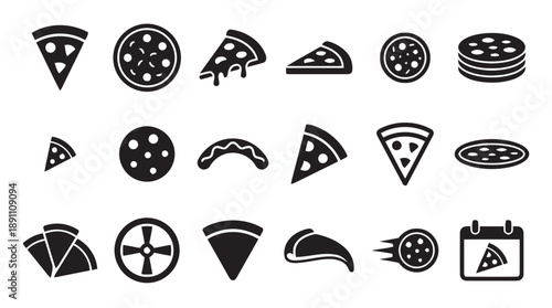 Assorted pizza icons representing different styles slices whole pizzas and toppings for culinary and food related graphic design projects in black and white