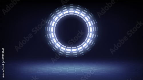 Futuristic technology stage dim blue background. Round neon glow, grid floor. Abstract background for displaying products, presentation, advertising. Tech backdrop. Vector illustration