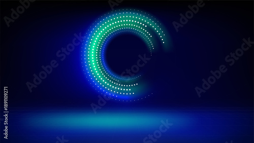 Futuristic technology stage blue background. Round green dotted led, neon glow. Abstract background for displaying products, presentation, advertising. Tech backdrop. Showcase. Vector