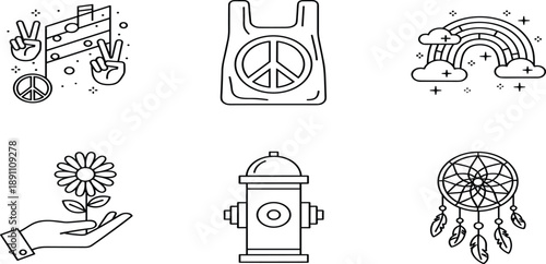 Hippie culture icon set with peace sign bag rainbow clouds flower in hand fire hydrant and dreamcatcher in thin line art