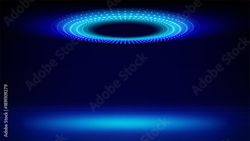 Futuristic technology stage blue background. Round purple pink dotted led, neon glow, grid floor. Abstract background for displaying products presentation, advertising. Tech backdrop. Showcase. Vector