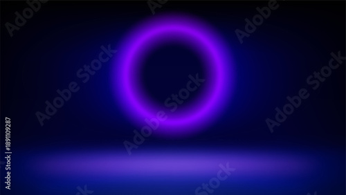 Futuristic technology stage, blue background. Round purple pink blurred neon glow. Abstract background for displaying products, presentation, advertising. Tech backdrop. Copy space. Vector