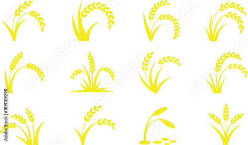 A selection of vibrant yellow silhouette icons showing various rice plants and grains