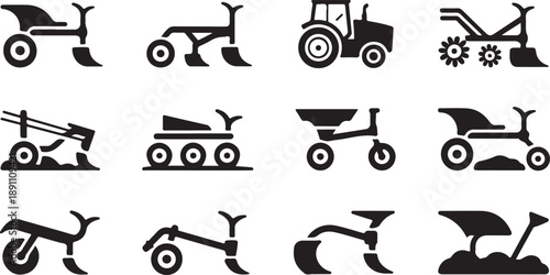 A varied set of black silhouette icons depicting different types of agricultural tractors and plows