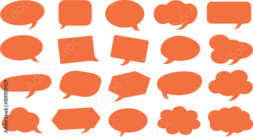 A varied assortment of solid orange speech and thought bubble shapes on a simple white backdrop
