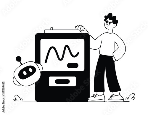 A person and a robot interact with a futuristic device displaying a waveform Vector illustration