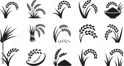 A varied set of black silhouette icons depicting rice plants, grains, and prepared food items