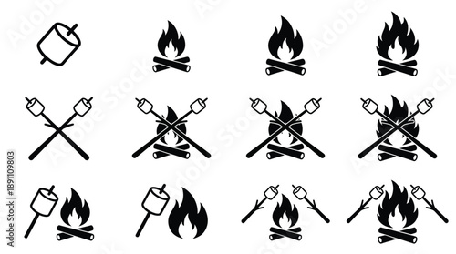 Black and white campfire with marshmallows sticks flame