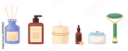 Minimal spa and skincare set with cosmetic bottles, jars, candle, serum and massage roller