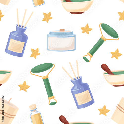 Seamless spa and skincare pattern with cosmetic bottles, jars, massage rollers and aromatherapy elements. Wellness and self care background for packaging, textile, wallpaper and beauty branding
