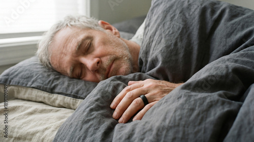 Middle‑aged man sleeping in cozy bed, hand resting on blanket with black smart ring. Sleep tracking, recovery, digital health and nighttime wellness concepts.