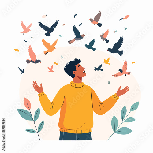 A man surrounded by birds and plants in a serene illustration from a front viewpoint