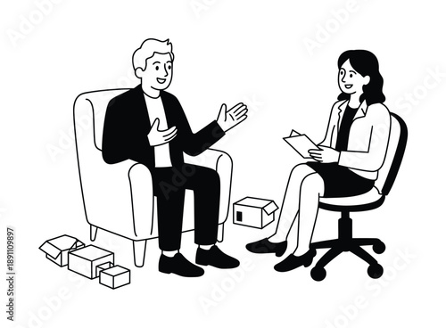 Business Meeting with Boxes and Interviewer Vector illustration