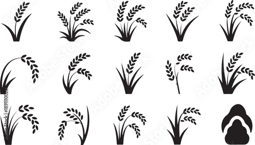 Various black silhouette icons illustrating rice plants and a spiritual figure on a bright white surface