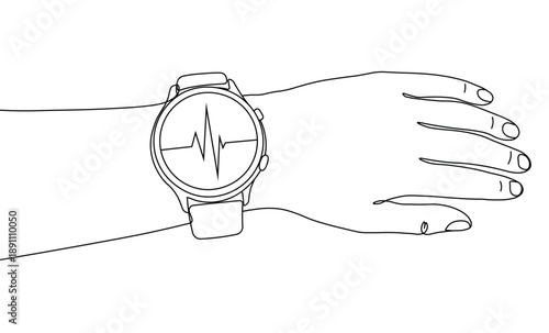 Human arm wearing a smartwatch showing heartbeat line art digital health monitoring
