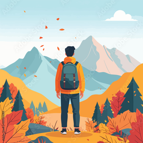 Man with backpack stands on hill overlooking mountains during autumn season from behind viewpoint