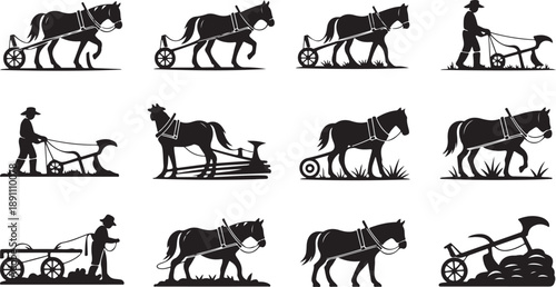 Various black silhouette icons show a farmer with a horse and plow cultivating land for agricultural purposes