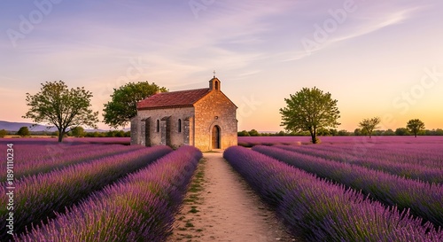 Charming Chapel Amidst Vibrant Lavender Fields at Sunset.