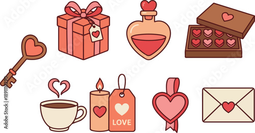 A delightful collection of charming love icons and romantic symbols, perfect for celebrating affection and heartfelt connections with a sweet and festive touch