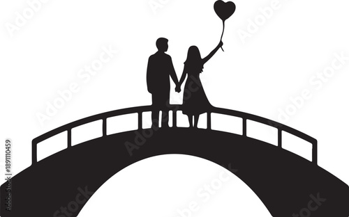 Silhouetted couple holding hands on a bridge with a heart shaped balloon